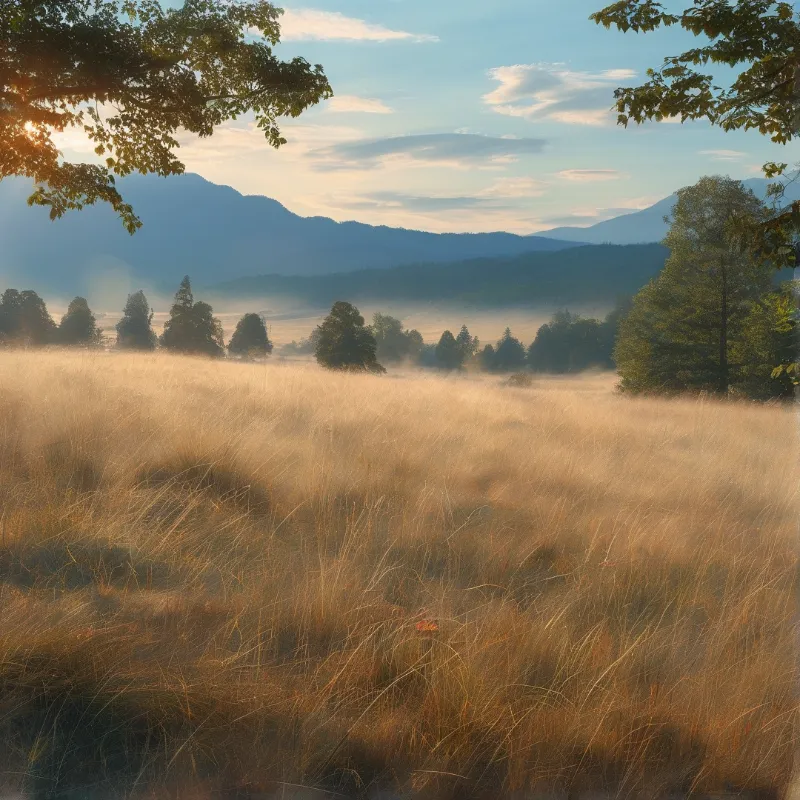 Golden meadow grass rises toward a foggy valley of scattered pines with layered blue mountains and framing tree branches.