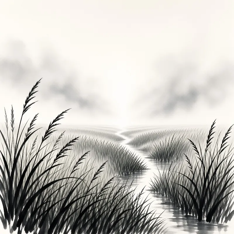 Black ink reeds frame a narrow winding water path fading into fog in a monochrome marsh scene