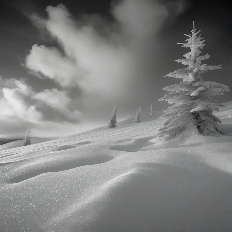 Snow laden evergreen trees stand on a windswept hillside beneath a dramatic cloudy sky in monochrome tones.