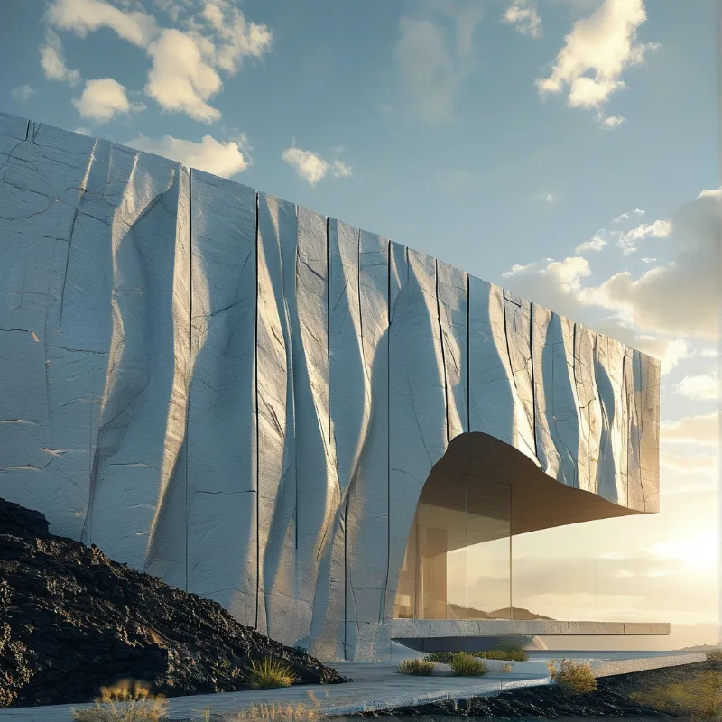 A white building with a wavy facade sits in a desert landscape while warm sunlight highlights its surface.