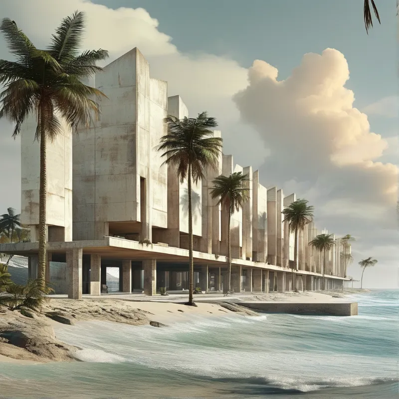 Pale concrete pavilion with open colonnade stretches along a palm lined tropical beach in soft warm hazy afternoon light.