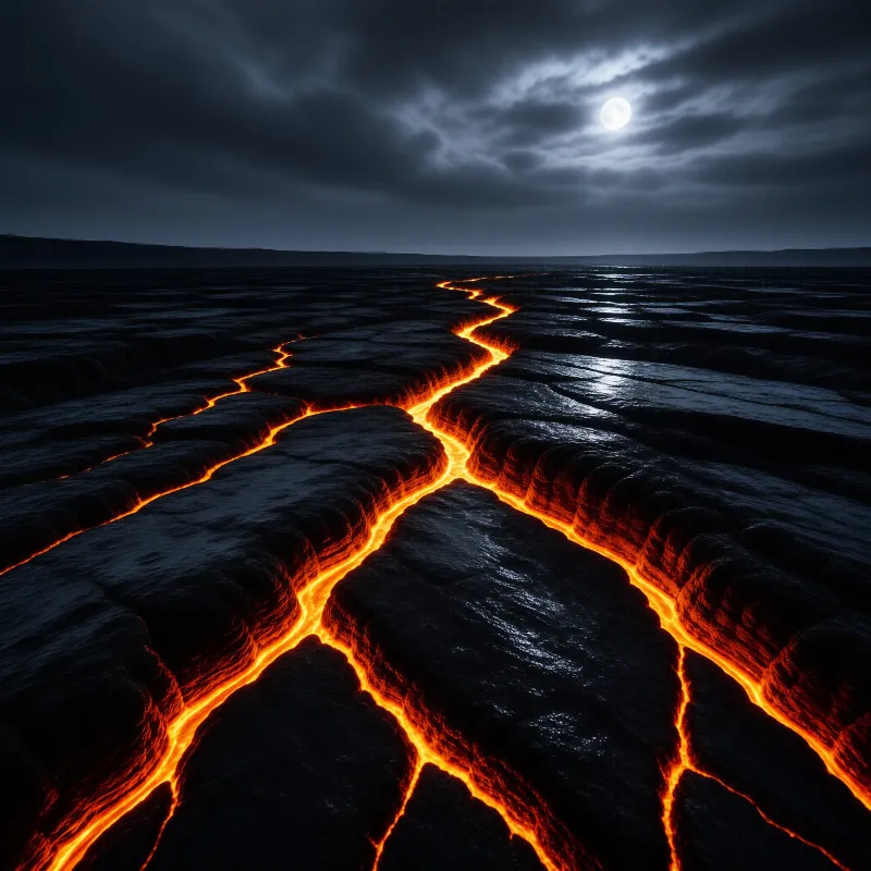 Cracked dark earth reveals bright orange lava streams flowing beneath a cloudy night sky with a bright moon.
