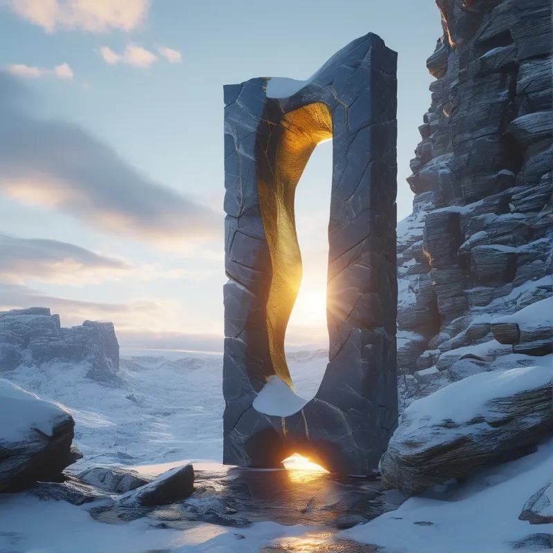 A massive stone archway stands amidst a frozen landscape as warm sunlight passes through its central void lighting up the rough texture of the rock and reflecting brightly off the icy surface below near steep snow covered slopes.