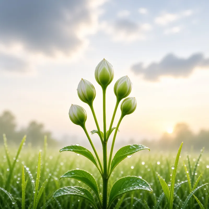 A slender stem carries five dew covered buds as sunrise light filters through soft clouds and mist