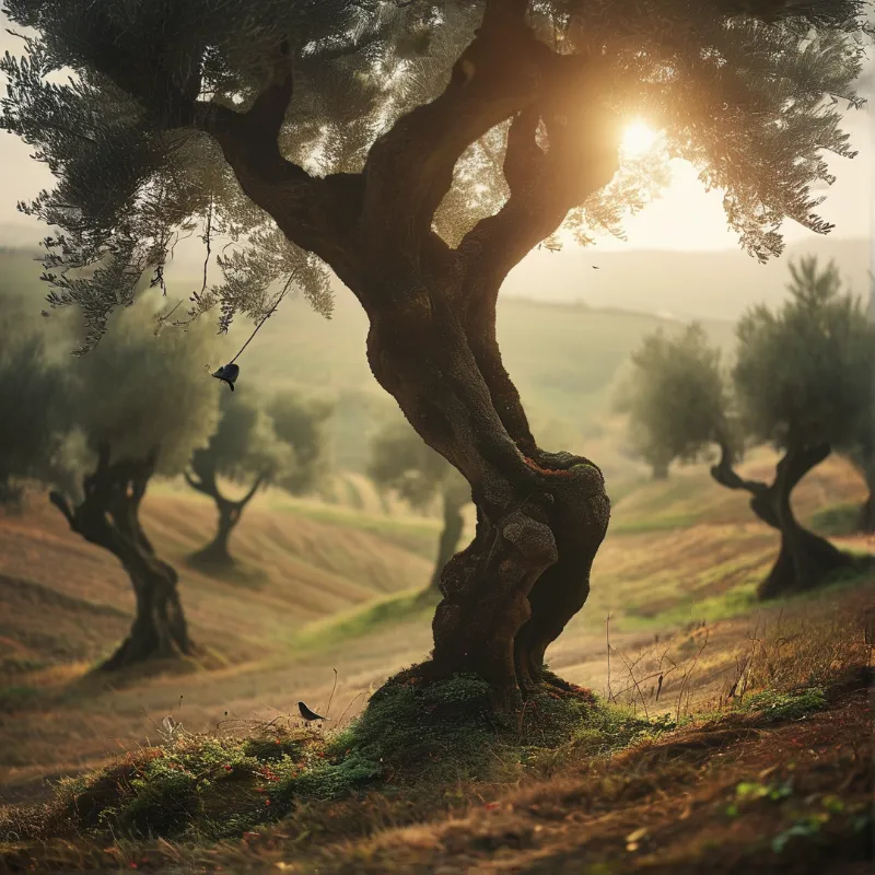A gnarled olive tree stands on a hill as warm sunlight filters through its branches casting a glow over the rolling terrain.