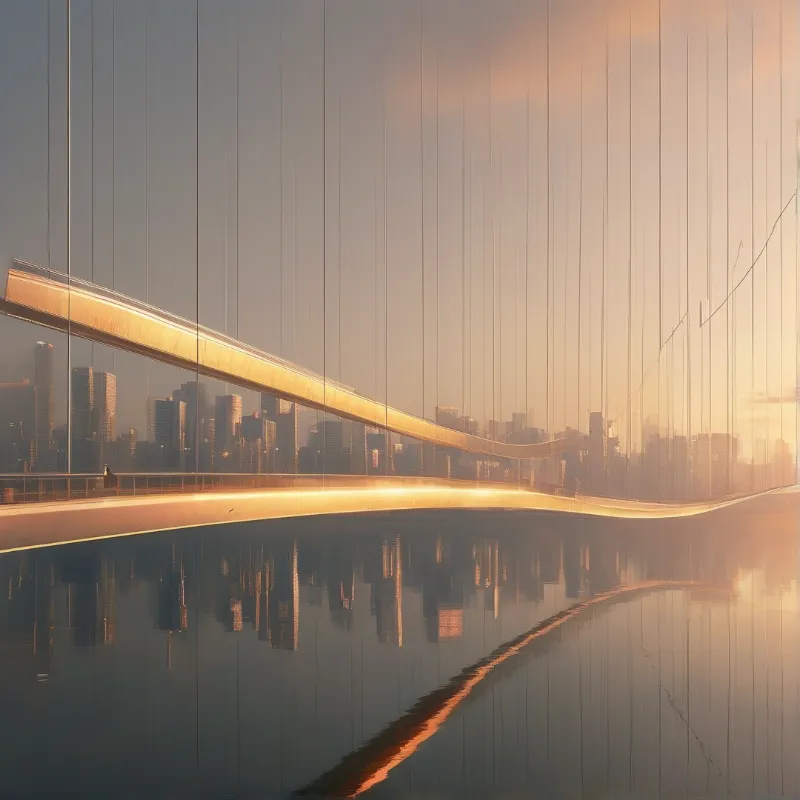 A slender illuminated footbridge sweeps across a mirror calm bay with a hazy skyline reflected below.