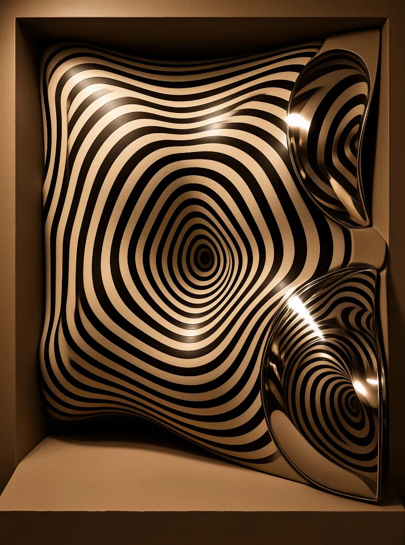 A relief sculpture with concentric wavy black and gold lines is housed inside a recessed frame under warm light.