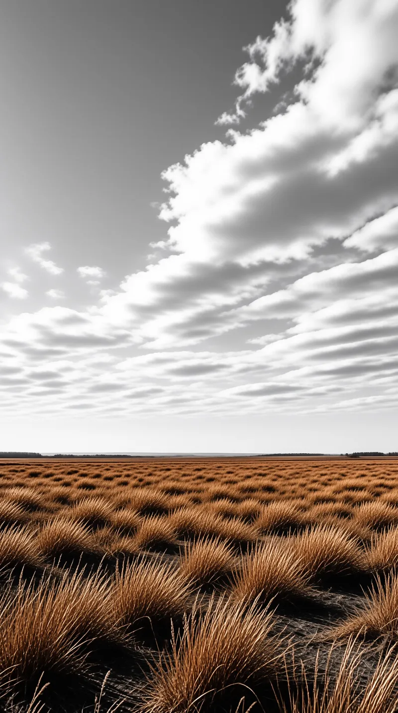 Clumps of dry brown grass spread across a flat plain beneath a sky filled with bright white clouds.