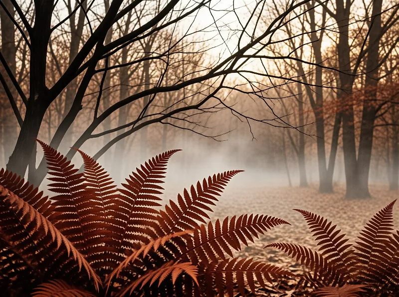 Reddish brown ferns stand out against a backdrop of bare trees obscured by thick fog and soft morning light.