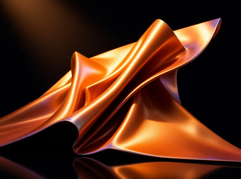 Folded ribbons of glossy copper satin catch warm light and flow across a deep black reflective surface.