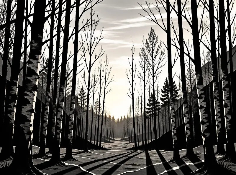 A corridor of leafless birch and pine trunks frames a sunlit clearing in this monochrome woodland