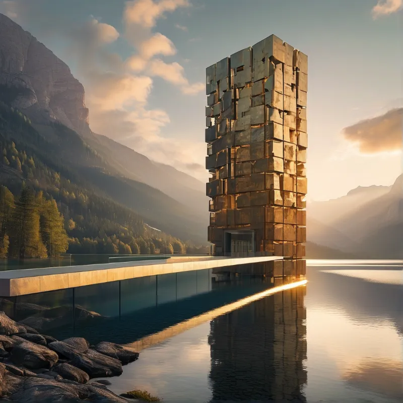 A monolithic tower of quarried stone blocks stands in a mountain lake joined to the shore by a slender walkway at sunset.