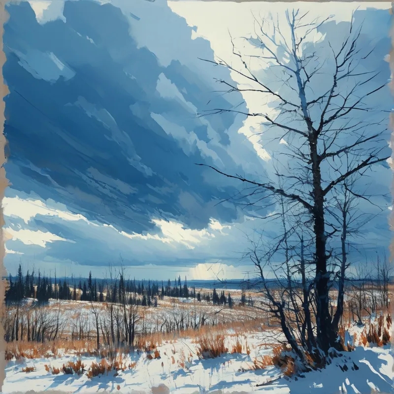 A bare tree stands in a snowy field with dark clouds overhead and sunlight breaking through, casting shadows on the ground.
