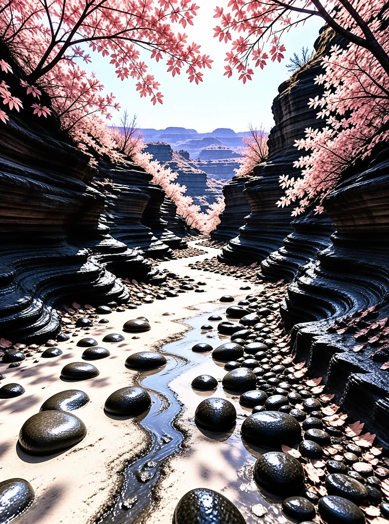 Pink spring blossoms line rippled dark canyon walls, a shallow stream winds over smooth black pebbles on the pale sandy riverbed.
