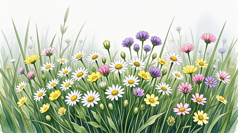 Loose painted daisies, cosmos and grasses rise in a bright cluster, fading into white paper at the top edge.
