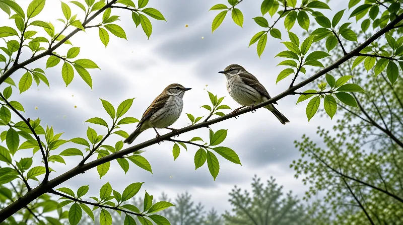 Two small brown songbirds rest together on a diagonal branch surrounded by fresh green leaves.