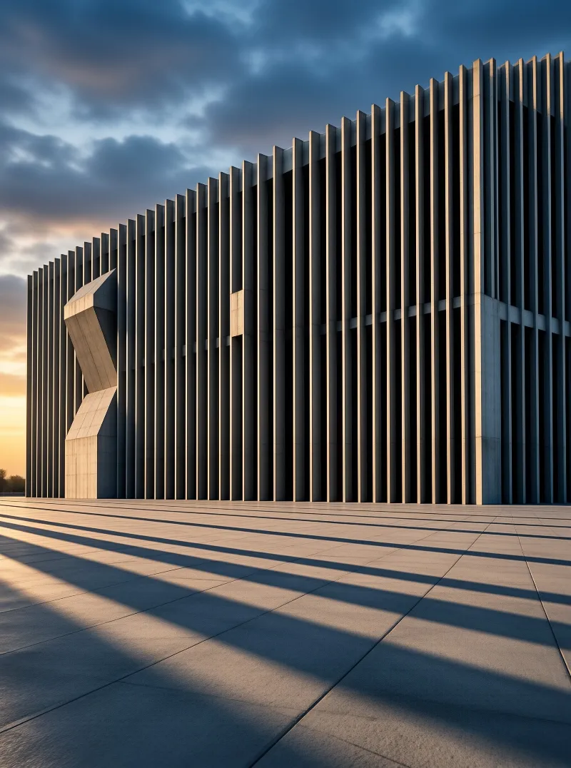 A concrete building with vertical fins overlooks a wide plaza where sunset light casts long parallel shadows.