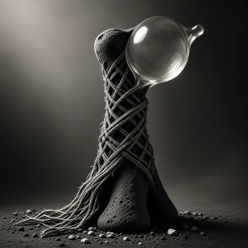 A dark porous column wrapped in cord rises from dusty ground with a clear glass orb glowing at the top.