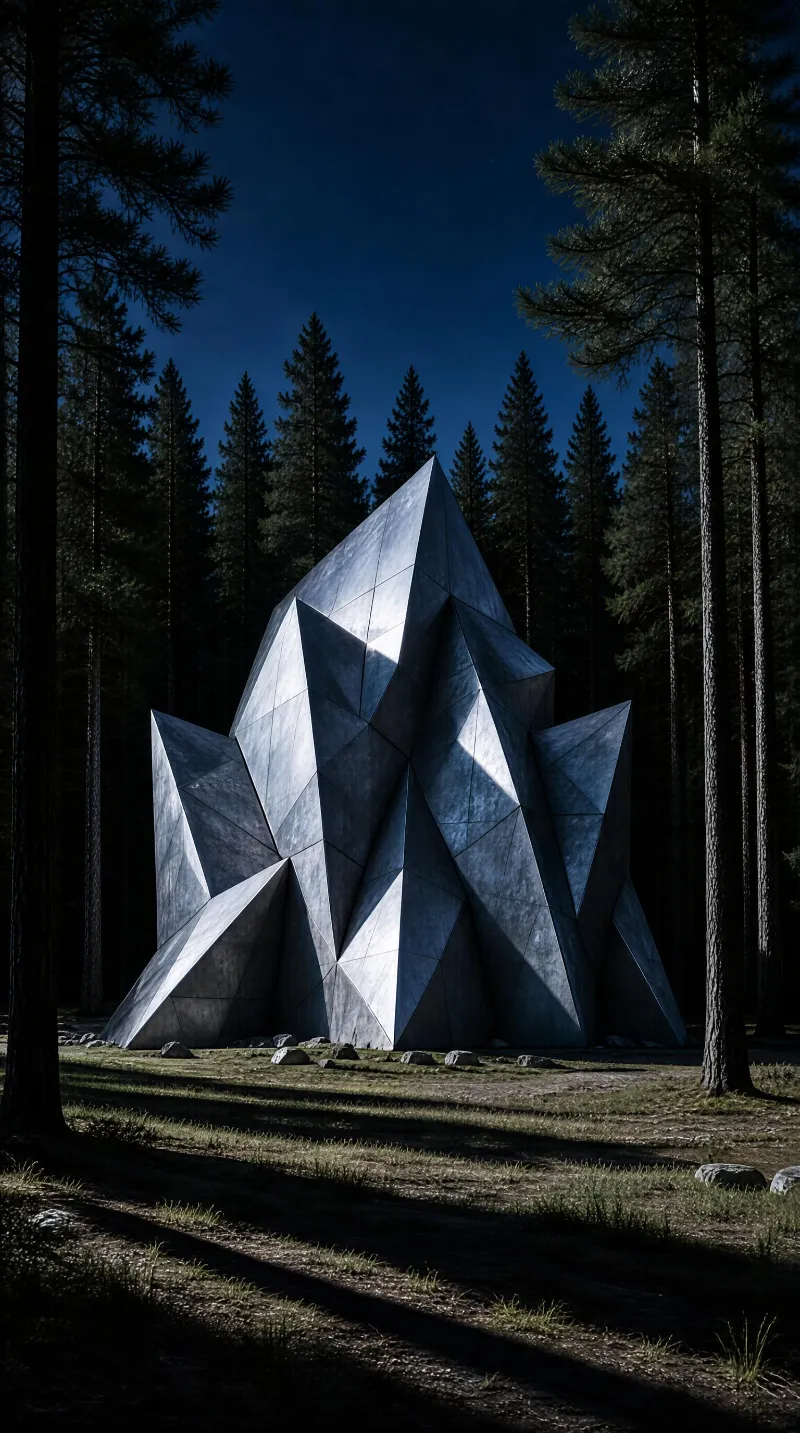 A modern abstract structure with angular triangular facets stands in a forest clearing during twilight