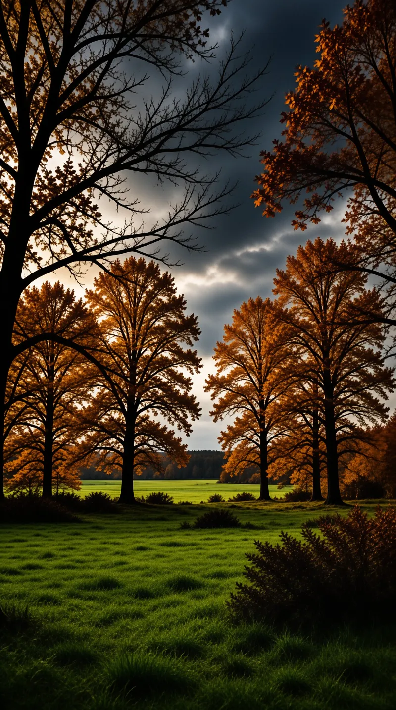 Tall trees with bright orange autumn leaves stand in a green meadow, backlit by sunlight breaking through heavy clouds.