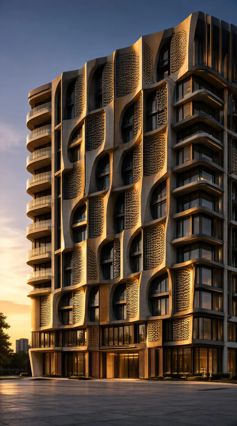 Modern High-Rise Building with Unique Facade