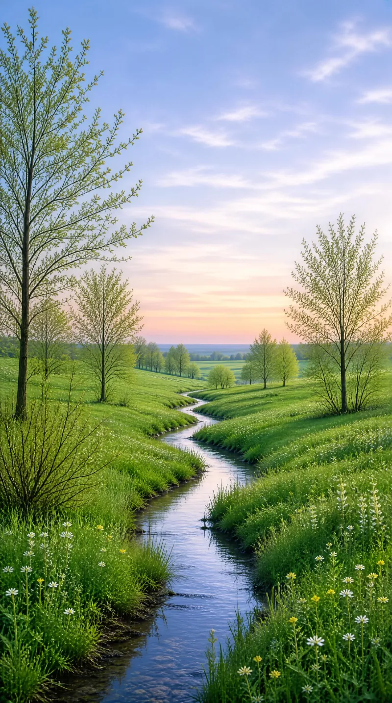 Winding Stream in Spring Meadow