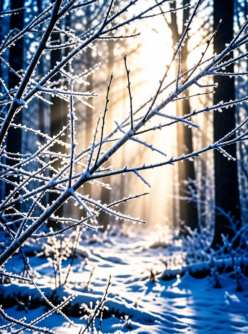 Bare tree limbs coated in ice stand out against sunlight filtering through dark trees in a snowy woodland.