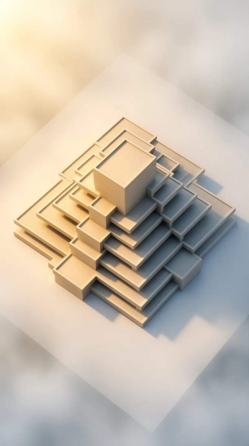 Beige stepped geometric sculpture rests on a smooth white base illuminated by soft warm light