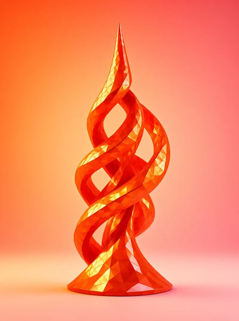 A tall orange sculpture twists upward with faceted surfaces catching light against a smooth pink gradient.