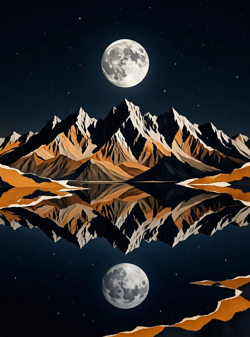 A jagged mountain range glows with orange light and is mirrored perfectly in a dark lake below a bright full moon.