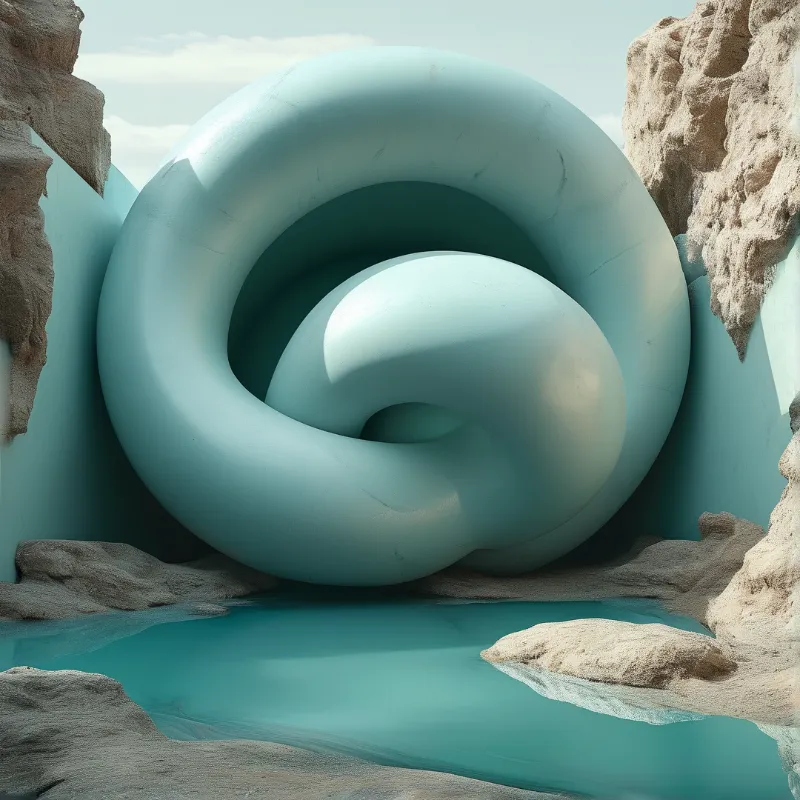 A smooth cyan abstract form rests centrally within a rugged rocky canyon bathed in soft natural illumination.