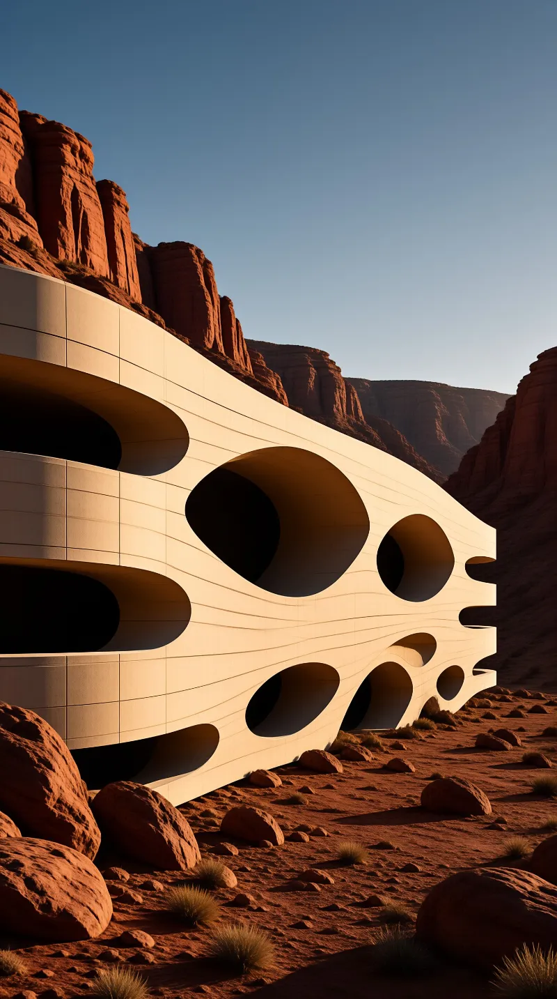 A large white architectural structure with a wavy form and several large circular cutouts stands against a backdrop of towering red sandstone cliffs and scattered desert rocks under a clear blue sky.