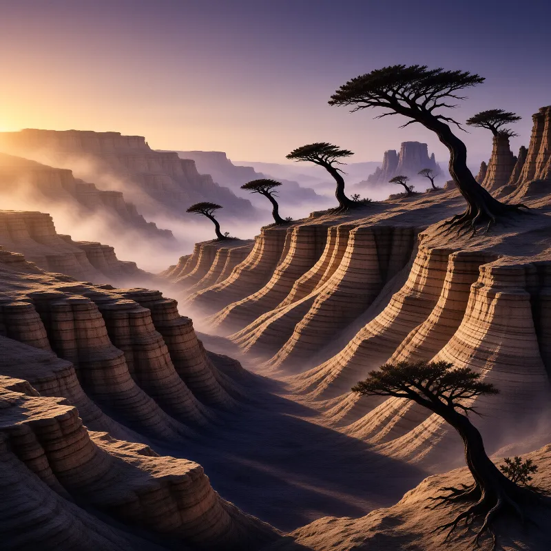 A surreal landscape featuring twisted trees growing on the edges of layered canyon walls bathed in the warm light of a rising sun while mist fills the deep valleys below and distant mesas fade into the purple horizon under a gradient sky.