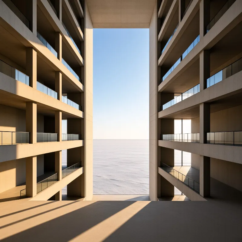 Two tall beige buildings flank a central opening revealing the calm ocean horizon beneath a bright clear sky.