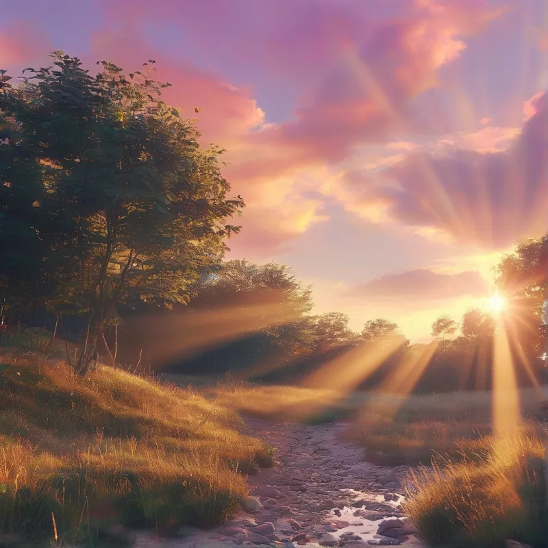 Sunset Landscape with Rays of Light