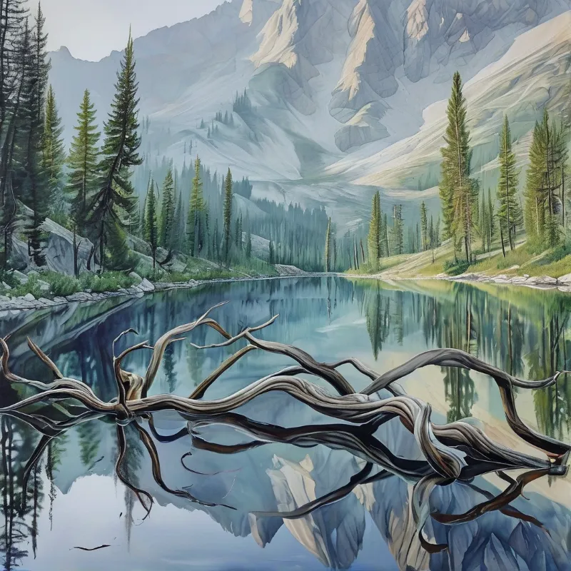 Evergreen trees frame a calm alpine lake with mountain reflections and a twisted branch crossing the water surface