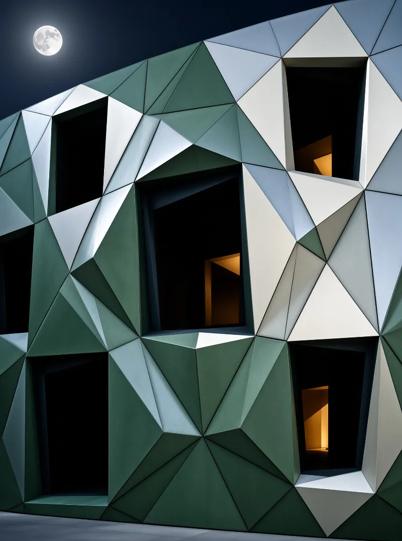 A faceted building wall of green and white triangles with warm lit windows beneath a full moon