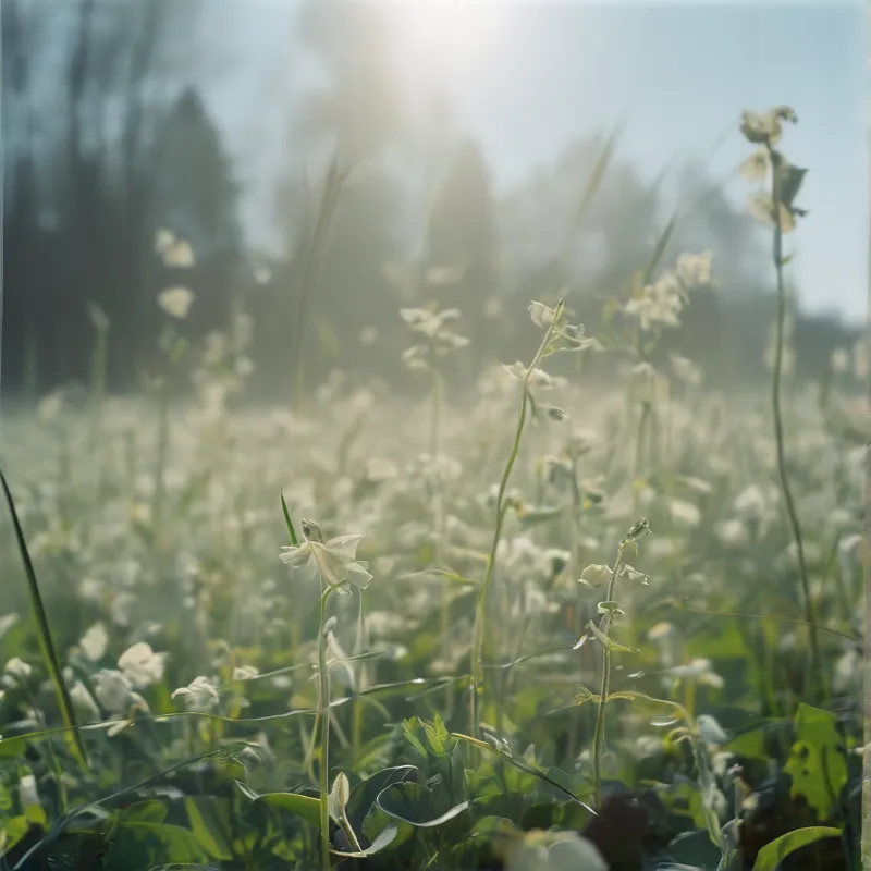 A close view of pale white blossoms on slender green stems glowing in bright backlit haze