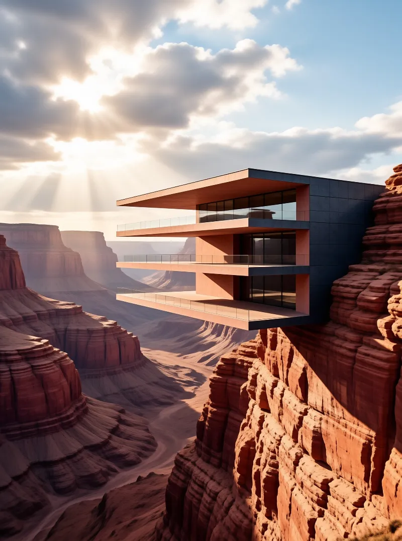 Clean horizontal volumes of glass and pale cladding hang over the rim of a rocky gorge lit by breaking sun