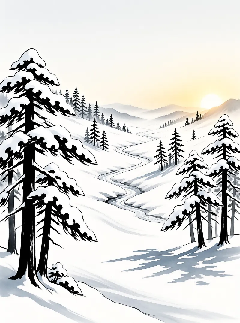 Tall snow-laden evergreens flank a meandering river that cuts through a white valley toward sunlit distant peaks.