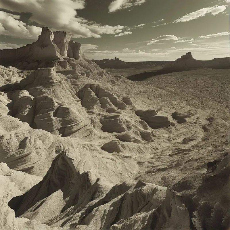 Monochromatic view of eroded badlands stretching across a dry valley beneath a partly cloudy sky.