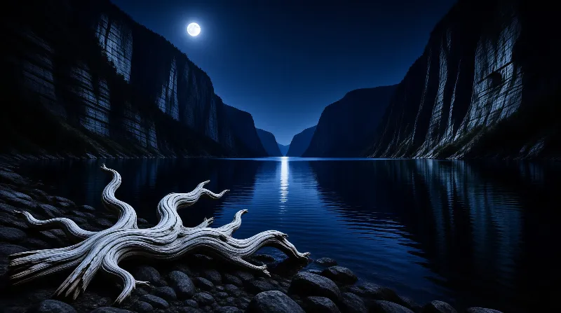 A pale gnarled log lies on smooth stones while the full moon opens a silver road down a dark fjord