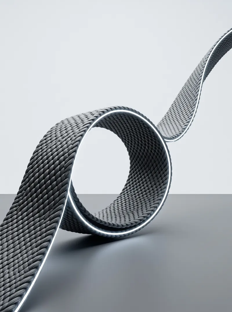 A sculptural loop of dark braided cord with a thin glowing white rim, curving across a pale minimalist studio surface.