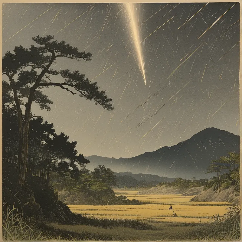 A solitary figure watches from a grassy plain as bright golden trails cross the dark mountainous sky.