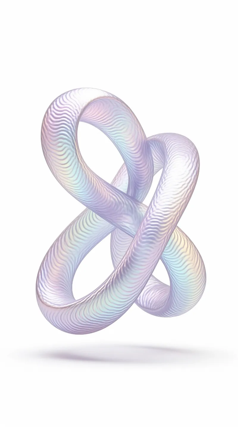 A three-dimensional iridescent knot with wavy patterns floats against a white background.