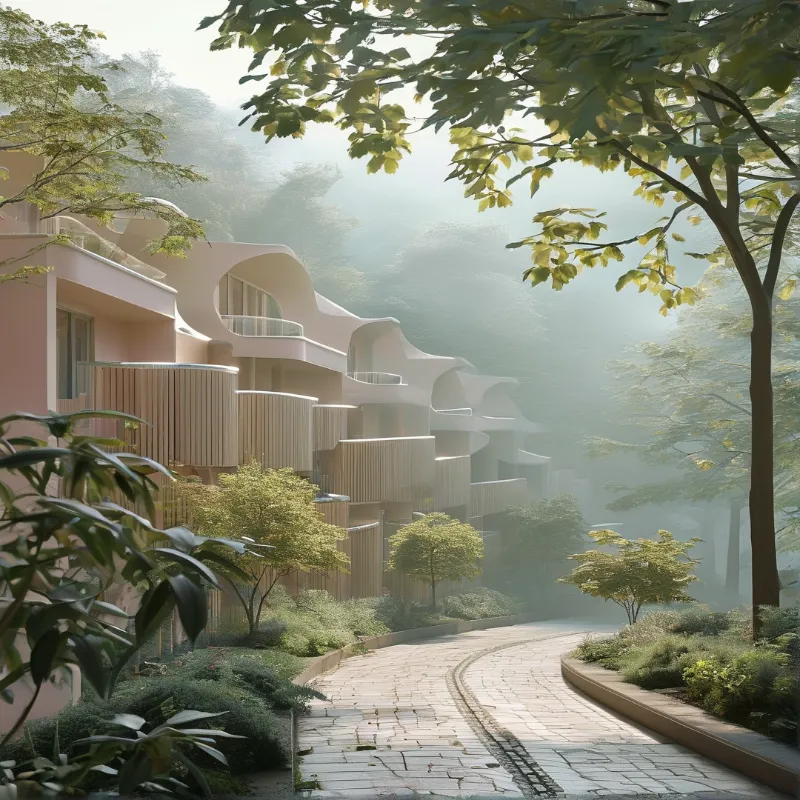 A stone path winds past a curved pink building with wooden screens surrounded by foggy trees and sunlight.