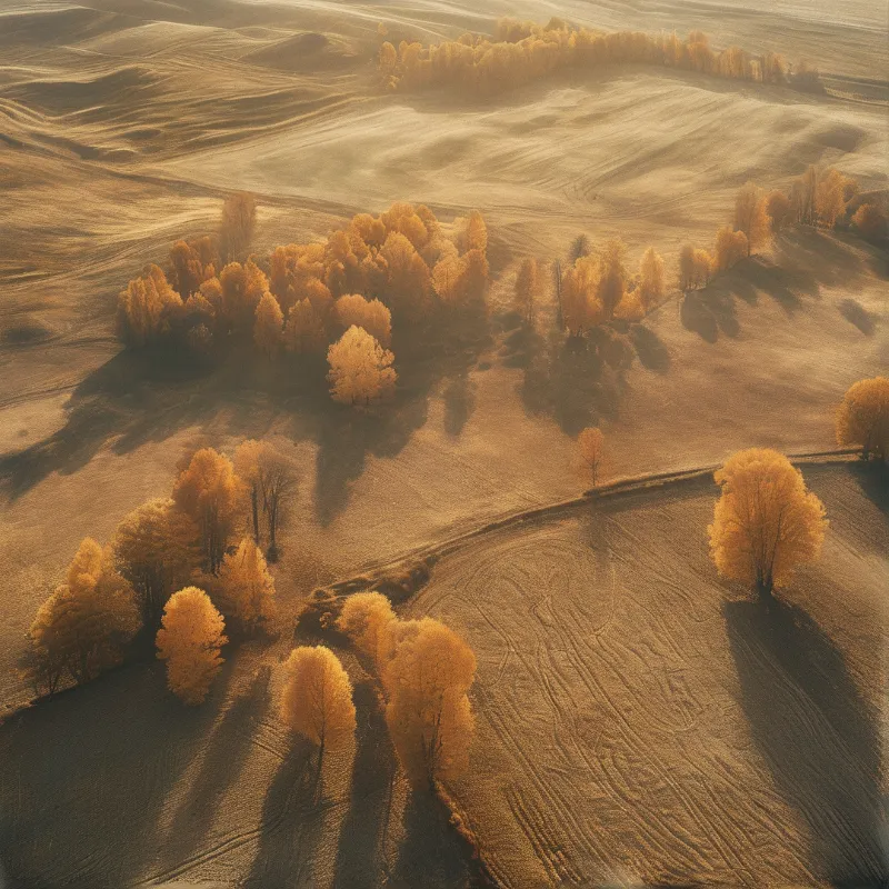 Aerial view of orange autumn oak trees scattered across rolling farmland lit by hazy golden low sun that casts long shadows over the tilled ground.