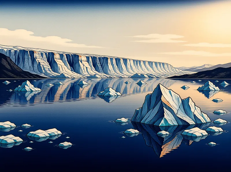 Jagged icebergs float on calm blue water before a massive white glacier wall under a soft sky.