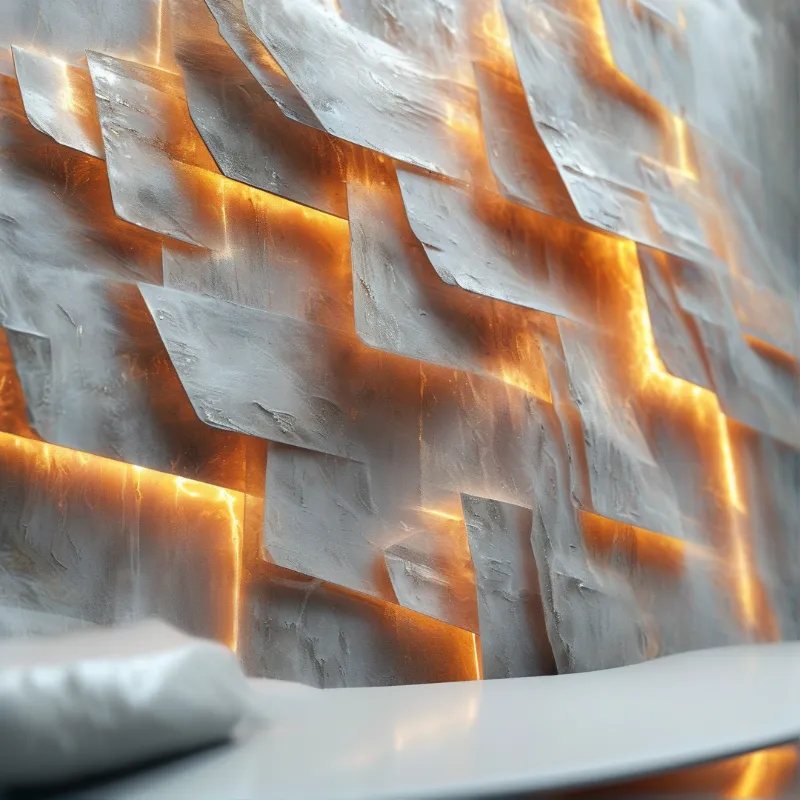 Overlapping angular concrete panels with rough textures glow with warm golden light from between the gaps