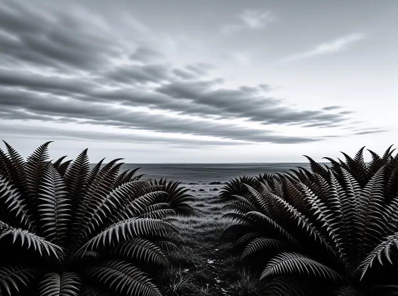 Monochrome view of ferns in the foreground looking out toward a flat ocean horizon under a dramatic cloudy sky.